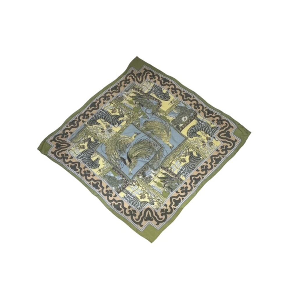 Vintage 100% Silk Square Scarf 33” Square Peacock Animal Print Pale Green Korea